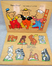 Vtg Fisher Price Wood Peg Puzzles Lot 2 ~ 3 Little Pigs 520 & Animal Friends 519