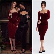 NEW House Of CB Solaine Wine Velvet Corset Dress Lace Long Sleeve Bodice Glam S