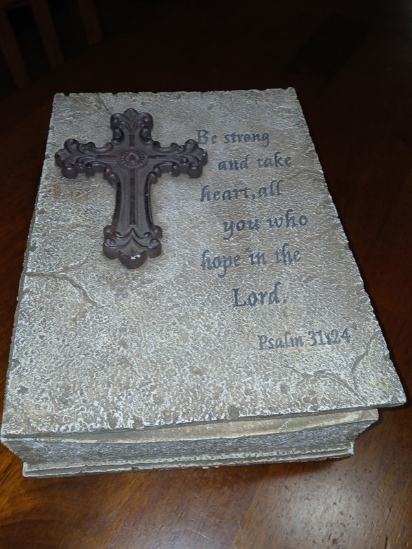 Stone Concrete Religious Box Bible box 10"x7.5" That Reads Psalms 31:24