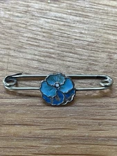 Vintage Solid Silver & Enamel Flower Brooch Blue Floral Pin REAL ENAMEL
