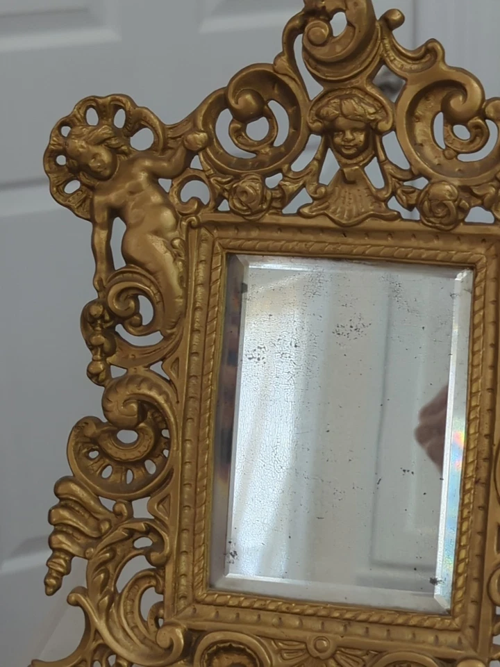 Antiguo marco de tocador de pie VICTORIANO, SIRENAS O NINFAS MARINAS, BRONCE c1880 Foto 4 de 4