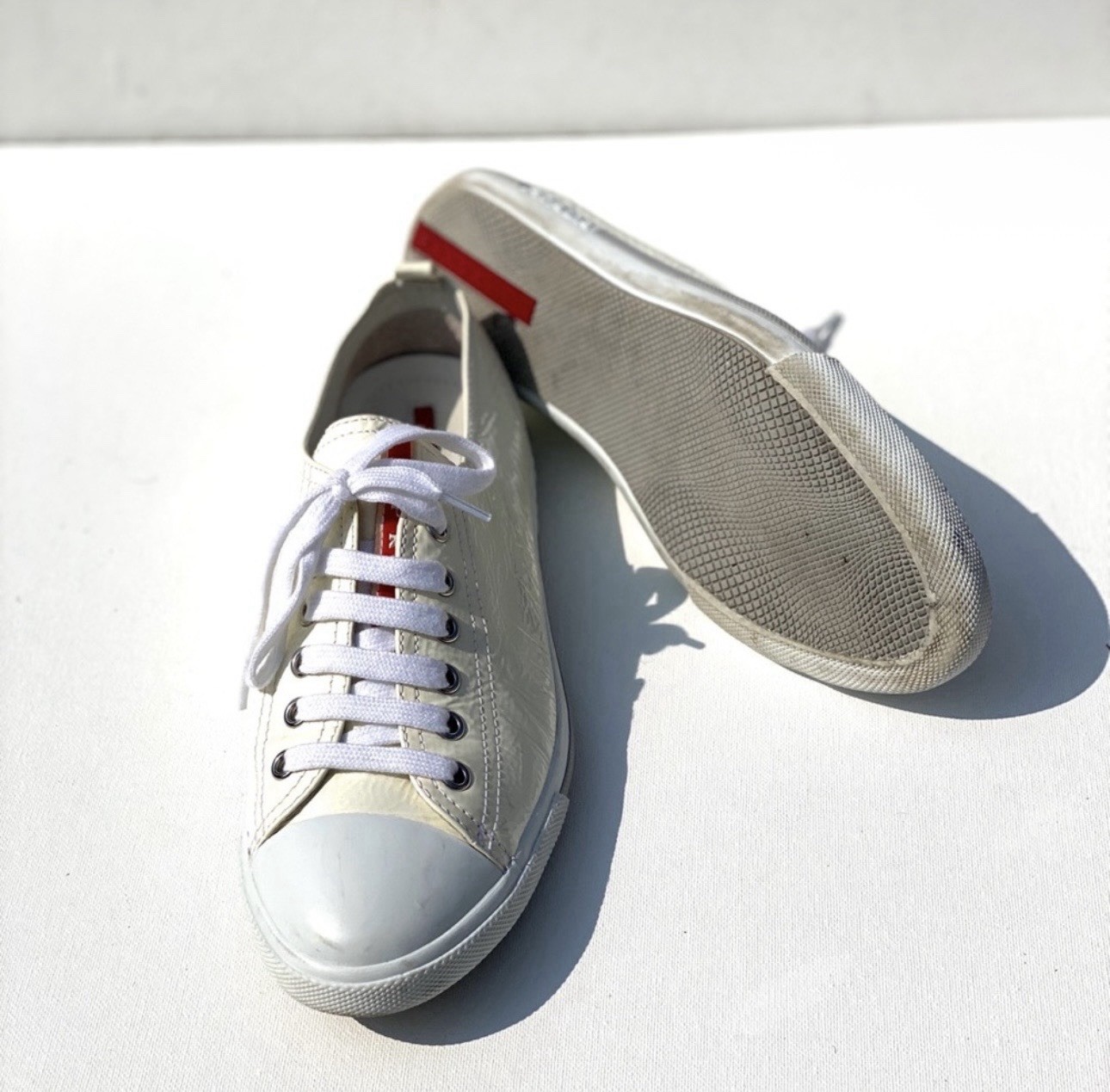 Prada White Leather Lace Up Casual Sneakers Logo Accent Rubber Sole thumbnail 2