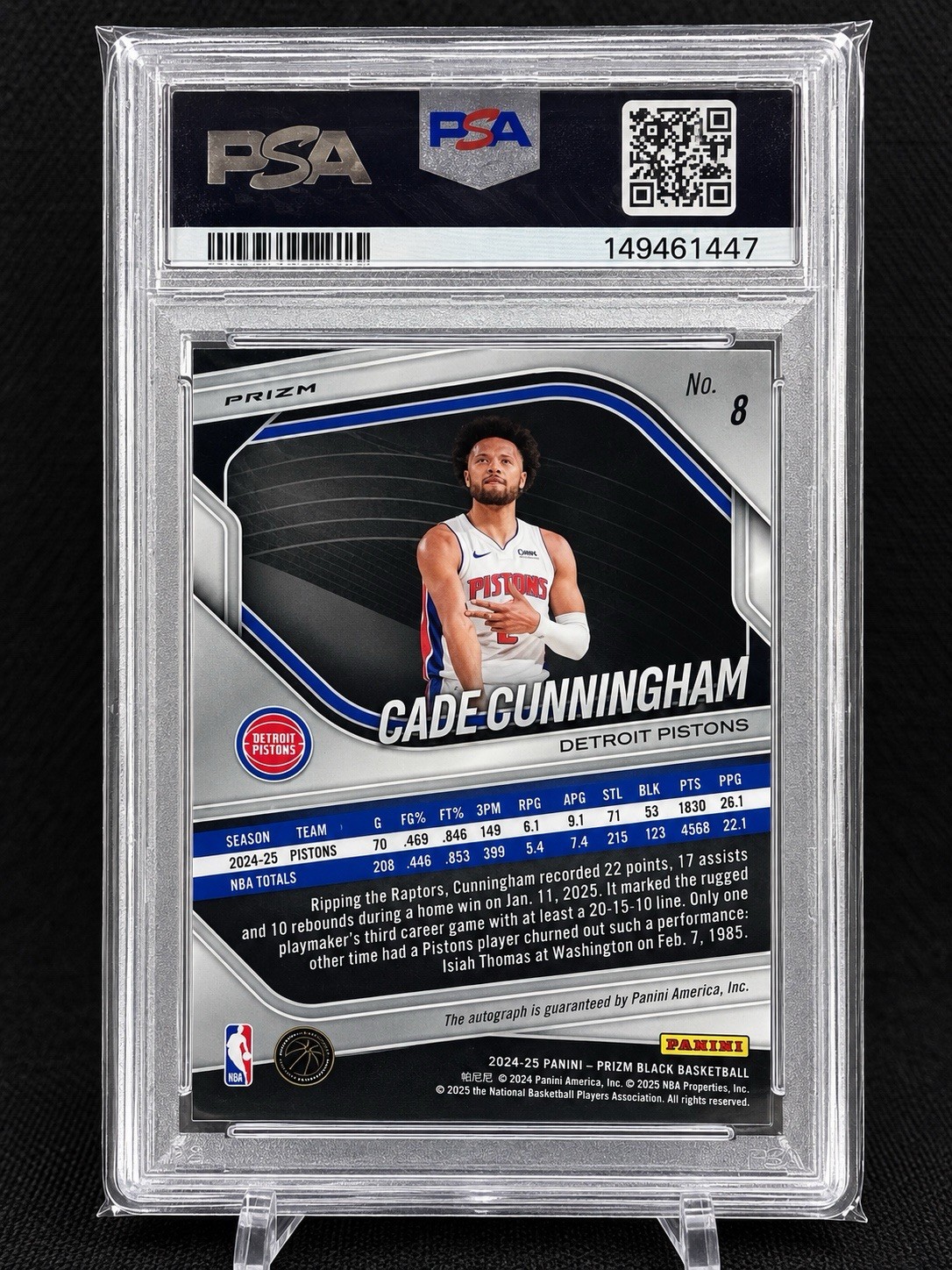 2024-25 Panini Prizm Black Cade Cunningham Auto PSA 10 GEM MINT #8 Pistons view 2