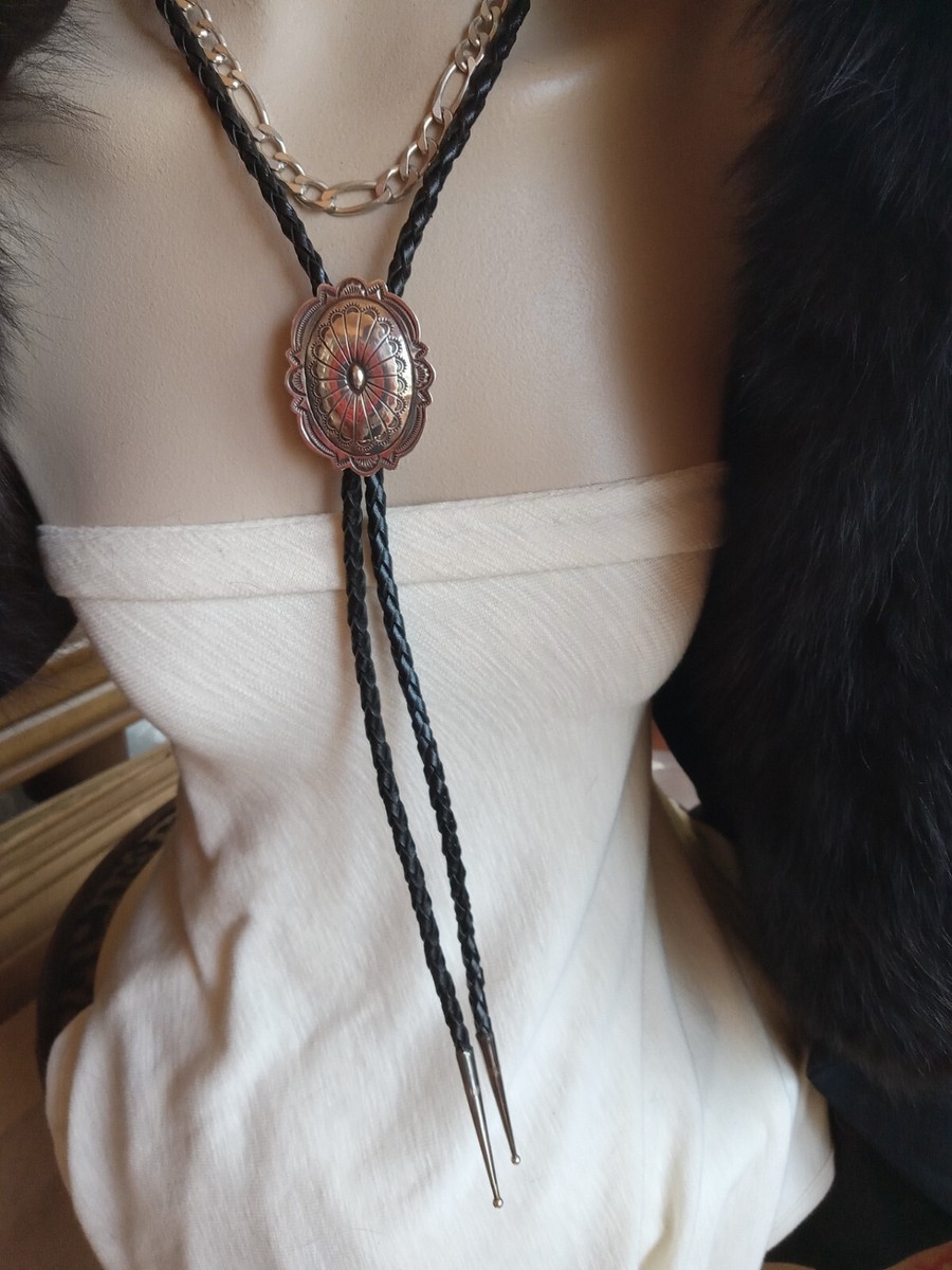 ARNOLD BLACKGOAT STERLING CONCHO PENDANT BLACK BRAIDED LEATHER 
