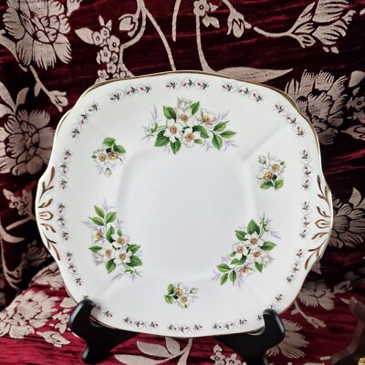 Vintage Adderley Simplicity Quadratische Kuchenplatte Eck Tabs Weiß Blume 93/4''