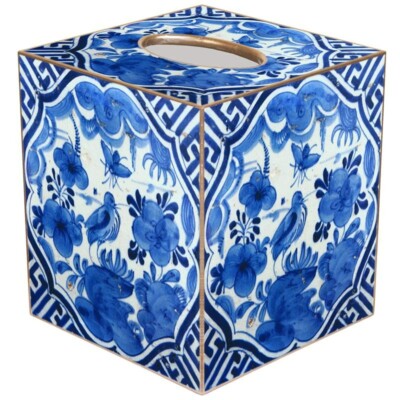 Marye-Kelley, Blue Delft Bird on Blue & White Cubed Tissue Box Cover, Gold Trim