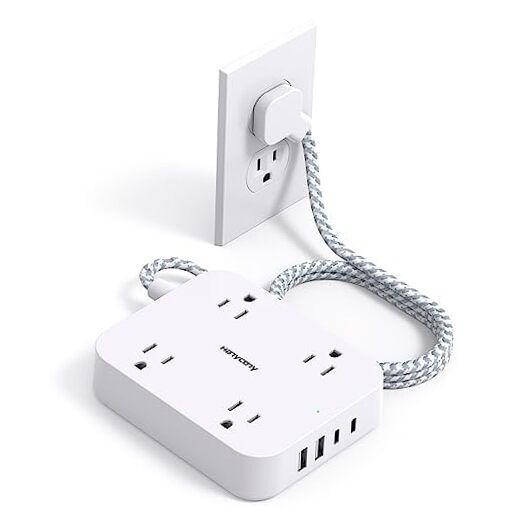 Flat Plug Extension Cord, 5ft Power Strip with 4 USB Ports(2 USB C), 5 Ft White