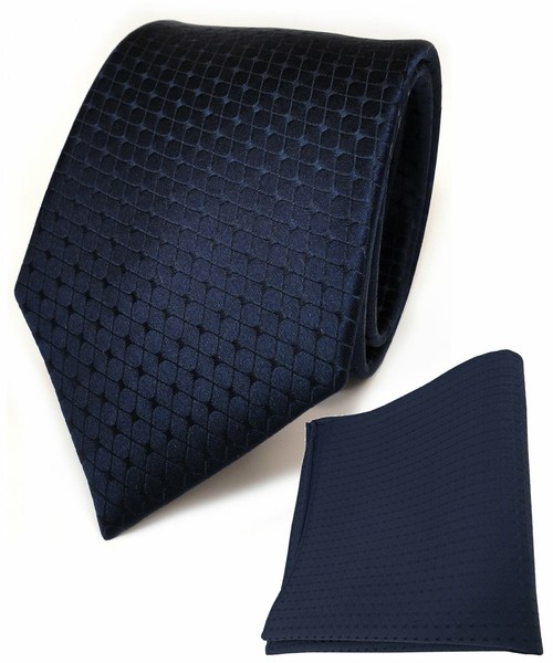 Tigertie Seidenkrawatte + Seideneinstecktuch In Dunkelblau Schwarzblau Gemustert-image
