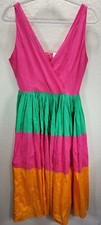Mira Cross Front Fit & Flare Sundress Pink Green Orange Colorblock Midi Cotton S