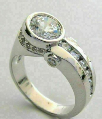 White Moissanite 2.90Ct Bezel & Channel Set 925 Silver Engagement Ring Size 7.5
