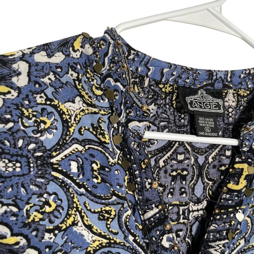 Angie Blouse Women's XL V-Neck Beaded 3/4 Sleeve Boho Printed Top - Picture 4 of 8