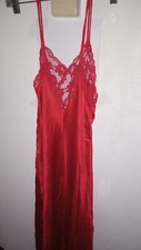 Vintage VAL MODE Long SML Red Nylon Nightgown Lace Front Slit FULL SWEEP Glossy