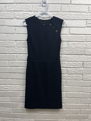 EUC Tory Burch Sheath Dress Sleeveless Wool Blend Gold Buttons Navy Lined XS
