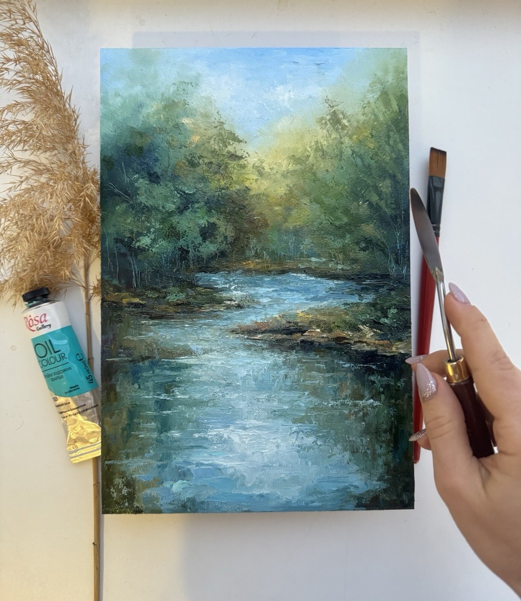 Original Oil Painting River Art Landscape Painting River Landscape