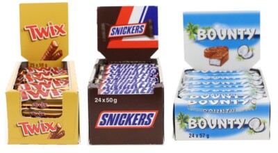 Testpaket Snickers 24x50g + Twix 25x50g + Bounty 24x57g - Schokoriegel