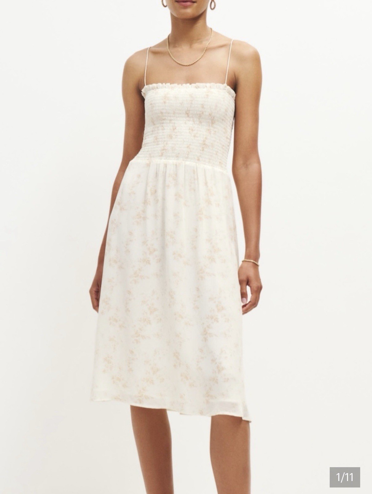Reformation Sable Smocked Tie-Strap Midi Dress Floral Cream Tan Size Medium M