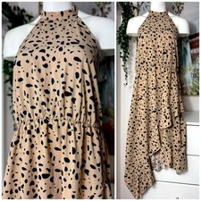 Shein Beige Black Cheetah Print Halter Ruffle Asymmetric Dress XL 12 Stretch