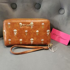 Betsey Johnson Brown Floral Embroidered Wristlet Wallet for Women with Zipper