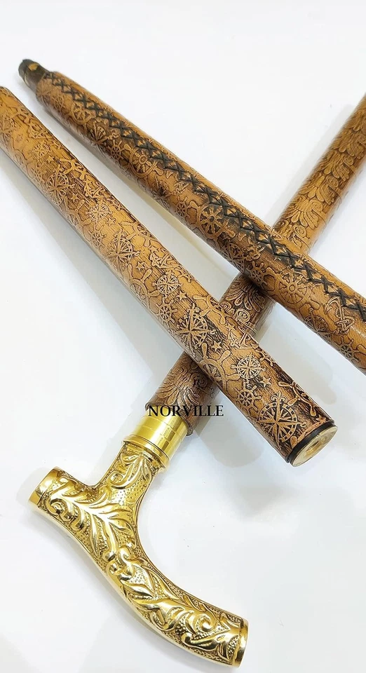 Walking Stick Canes Engraved Leather with Brass Handle for Men Women - Image 2 of 4