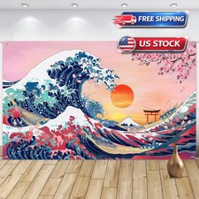 Japanese Ocean Waves Tapestry Wall Hanging Red Sun Aesthetic Room Decor 72x48