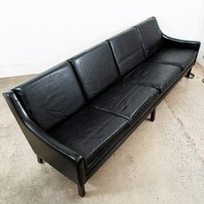Mid Century Danish Modern Leather Sofa Couch 4 Seat Black Vintage Rosewood Legs