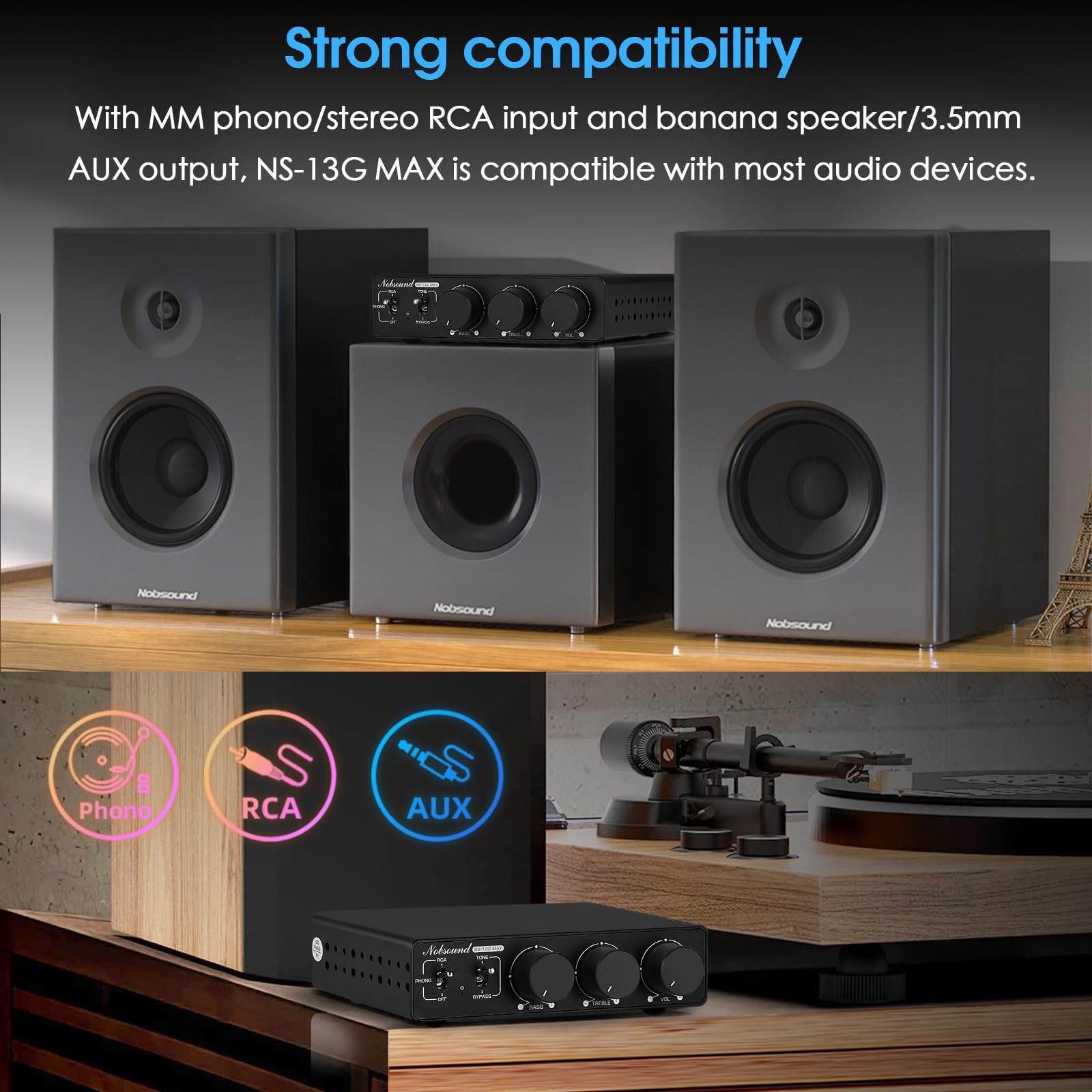 Nobsound 300Wx2 Stereo Amplifier with Phono Input - HiFi Class D Mini Power A...