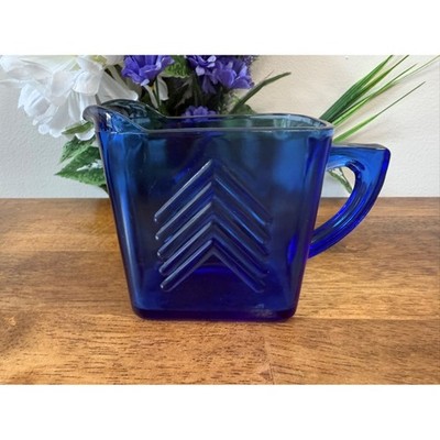 Vintage Hazel Atlas Cobalt Blue Chevron Creamer Depression Glass Pitcher MCM