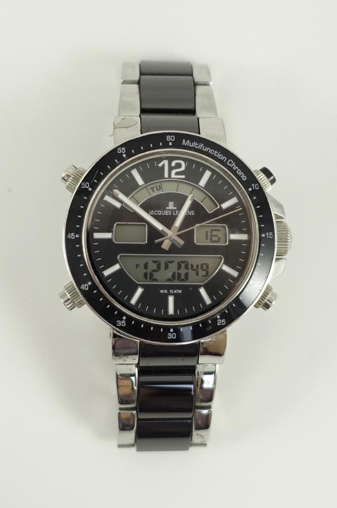 Jacques Lemans mens black +silvertone watch 1-1714 alarm