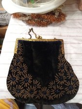 Vintage Art Deco Velvet and Beaded Purse with Ornate Flowered Gold Frame Flowers