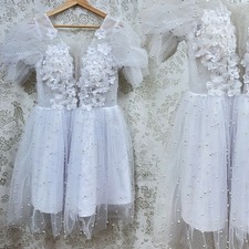 Elegant White Tulle Pearl Flower Girl Dress Pageant Formal Party Birthday 10