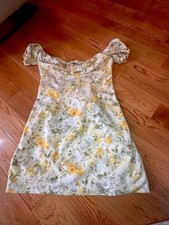 ASTR the Label S Floral Smocked Mini Dress Bow Square Neck Puff Short Sleeve