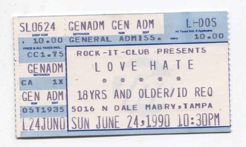 Love / Hate Rock-It-Club Tampa FL 6/24/1990 ticket stub