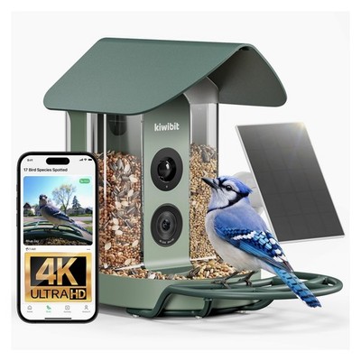 Kiwibit Smart Bird Feeder Camera Solar Powered AI Bird ID 4K Vide Sage Pine