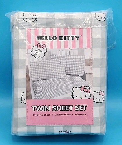 New HELLO KITTY TWIN BED SHEET SET 100% COTTON Gray White Flat Fitted Pillowcase