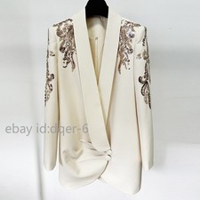 Women's Formal Sequin Nail Bead Collar Dress Suit Blazer Jacket Mid Long Coat