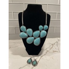 Turquoise Necklace and Teardrop Earring Set Silver Tone Southwestern Boho