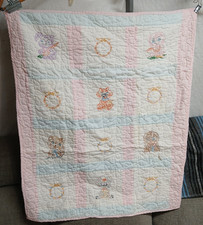 Vintage Handmade Embroidered Baby Crib Blanket Quilt Animals