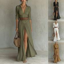 Womens Casual V-Neck Long Dress with High Sid...