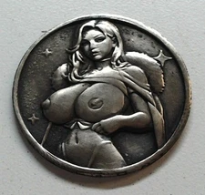 HOBO Topless Woman With Fur Cape Made From A REAL Silver Mexican Un Peso SIGNED