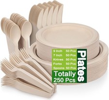 250 Piece Compostable Paper Plates Set W/ Extra Long Utensils Sugarcane Fibers