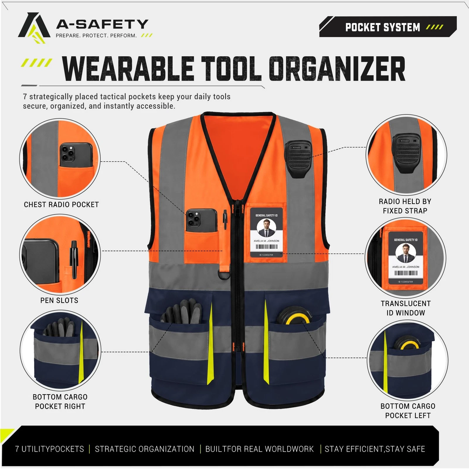 Hi-Vis Reflective Vest, Reinforced Points, Zipper, Orange/Navy, M image 6