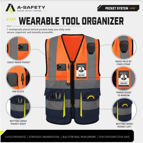 Hi-Vis Reflective Vest, Reinforced Points, Zipper, Orange/Navy, M image 6