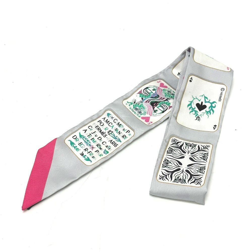 HERMES Playing card pattern Twilly Fashion Accessories Scarf silk gray