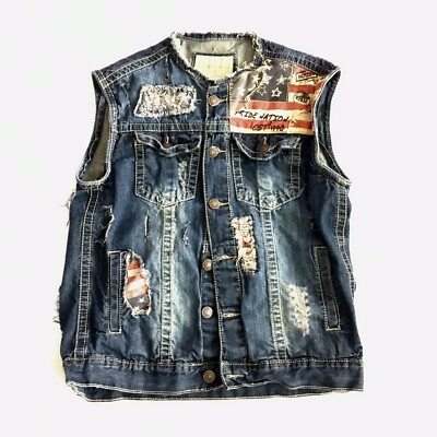 Smoke Rise Men s Sleeveless Distressed American Flag Denim Jean Jacket Large