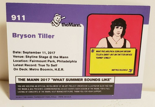 Tarjeta coleccionable de béisbol Bryson Tiller 2017 Tour Mann Music Center de Filadelfia - Imagen 2 de 2
