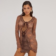 Ego Long Sleeve Plunge Tie Front Detail Mini Bodycon Dress In Mocha Brown Lace 6