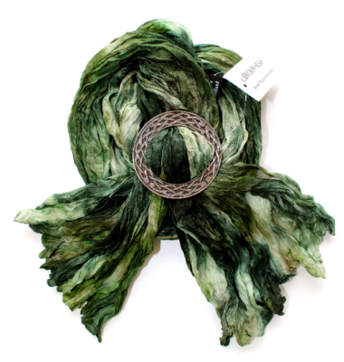 Ladycrow Mixed Green Pongee Silk Scarf with Celtic Knot Circle Scarf Ring