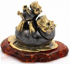 Solid Brass Amber Figurine Hippopotamus Hippo Behemoth mama with a cub IronWork
