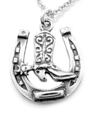 Sterling Silver Horse in Horseshoe Charm Necklace-#0802