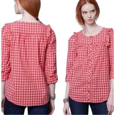 Anthropologie Holding Horses Plaid Button Up Shirt Top  Ruffle Size 2